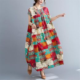 Plus Size Dresses BIG Summer Women Fashion Novelty Print Cotton Linen Tops Lady Female Large Swing Long Casual Ruffles Drapped Dress