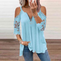 Fashion Off Shoulder Shirts Sexy Lace Sleeve Patchwork Loose Blouses Tops Casual Zipper V Neck Female Tunic Casual Blouse Tops L220705