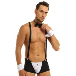 Underpants IEFiEL Sexy 4Pcs Male Mens Groom Tuxedo Set Boxer Briefs Underwear With Suspender Shoulder Straps Bow Tie Collar And BraceletsUnd