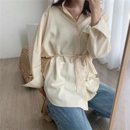 Toppies white cotton linen tops blouses korean long sleeve khaki shirts drawstring waist oversized tops 201201