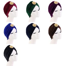 Jóias de jóias muçulmanas Broche de veludo chapéu de turbante Diamante Vintage Lavagem da cabeça feminina Chapéu indiano Soild Color Hijab Headwear Turbante