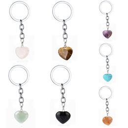 Natural Stone heart Key Chains Rings Rose Pink Tiger Eye Crystal Quartz Keyring Gifts Women Men Keychains Jewellery