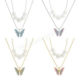 Fashion Women Pearl Butterfly Pendant Necklaces Pop Bohemian Simulated Pearl Collar Necklace Double Choker Chains Jewelry