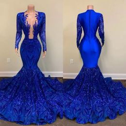Blue Mermaid Royal Prom Dresses Sparkly Lace paljetter Långärmar svarta flickor afrikansk kändis kvällsklänning