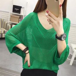 Women's Sweaters Sexy Women Knitted Pullover Mesh Hollow Top Female Spring Summer Fashion Bat Sleeve V-Neck Loose Ladies Thin Clothes Tide G