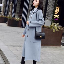 Autumn Winter Women Woollen Coat Turn Down Collar Single Breasted Long Wool Coat Blue Women Warm Coat Loose Casaco Feminino LJ201106