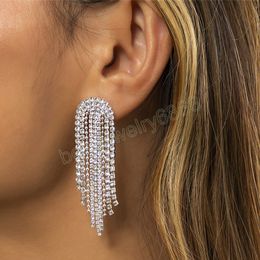 Luxury Long Tassel Full Rhinestone Dangle Earrings for Women Silver Color Hanging Earring Bridal Wedding Jewelry
