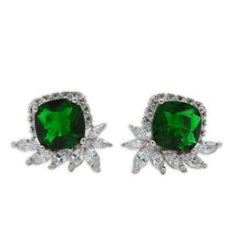 Square Cut Green Crystal Womens Stud Earrings 18k White Gold Filled Elegant Lady Girls Beautiful Jewellery Gift