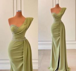 Evening 2022 Dusty Green Dresses Mermaid One Shoulder Custom Made Side Slit Floor Length Beaded Plus Size Prom Party Gown Formal Ocn Wear Vestidos