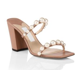 Summer Lxuxry Amara Sandals Shoes For Women Nappa Leather Mules with Pearl Strappy Block Heels Comfort Fashion Slipper Walking EU35-43