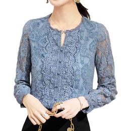 Femininas Lace bottom Women Blouse Shirt harajuku Floral Blusa Long Sleeve Spring V-neck Lace Pullover Women Tops 620B 210326