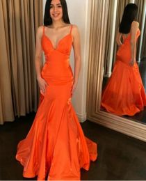 Mermaid Pleated Satin Long V-Neck Prom Dresses Open Back Sweep Train Orange Robe De Soiree Red Formal Party Gowns