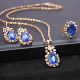 blue necklace set Australia - Earrings & Necklace Set Fashion Crystal Stone Ring Blue Red White Drop Pendant Wedding Jewelry Sets For Brides GiftEarrings