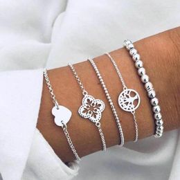 Link Chain Punk Alloy Engraved World Tree Flower Beads Bracelets Set For Women Bohemia Charm Bangles Party Jewellery Gift