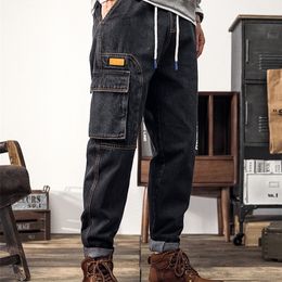 Spring Summer Big Pocket Cargo Jeans Men Stretch Cotton Denim Pants Plus Size Ankle Length Casual Jean Trousers 6XL 7XL 8XL 220622