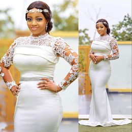 2022 Simple Plus Size African Arabic Aso Ebi Mermaid Wedding Dresses Long Sleeves Lace Appliques Belt Sashes Bridal Dress Vintage High Neck Illusion Bridal Gowns