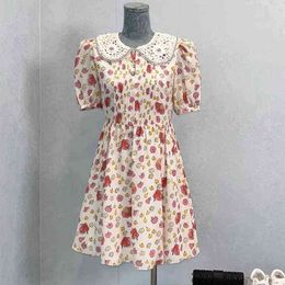 summer new print dress sweet and cute skirt Hand Crocheted diamond doll neck