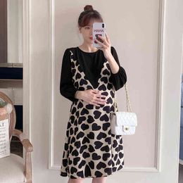 Spring Round Collar Loose Maternity Dress Fashion Printed Patchwork Black Long Sleeve ONeck Pregnant Woman ALine Dress Elegant J220628