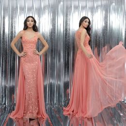 Watermelon Mermaid Prom Dresses Lace Appliques Sleeveless V Neck Evening Dress