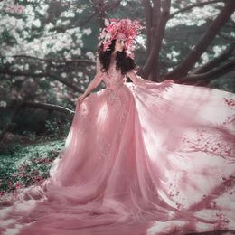 Party Dresses Dusty Rose Dress For Po Shoots 3D Lace Hand Painted Tulle Very Long Train Floral Print Evening GownsParty