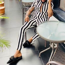 Spring Summer Mens Casual hort Sleeve Tops And Long Pants Suit Fashion Striped Pattern Print Outfit Men Streetw S3XL 220722
