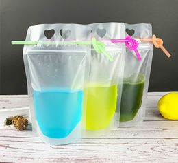 17oz Heart-shaped Drink Pouches Bags Frosted & Cleared Zipper Stand-up Plastic Drinking Bag holder Reclosable Heat-Proof Come With Straw