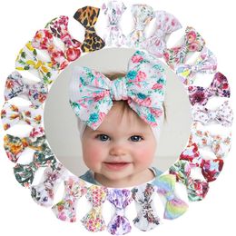 New Floral Print Waffle Bows on White Nylon Headband Baby Bow Headbands Kid Girl Soft Turban Infant Head wraps Children