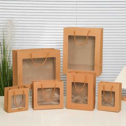 100Pcs/Lot PVC Window Kraft Paper Bag with Handles Festival Gift Bag