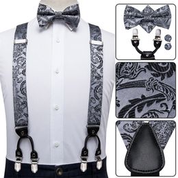 HiTie Vintage Silk Mens Suspender Set Fashion Gold Floral and Bow Tie Leather Metal 6 Clips Braces 220812