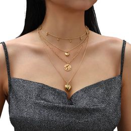 Ladies Fashion Map Heart Pendant Necklaces For Women Bohemian Trendy Gold Colour Metal Chain Layered Necklaces Party Jewellery