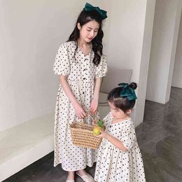 Summer family matching dot dress MOM and daughter cotton loose short sleeve v-neck dresses single-breasted clothes