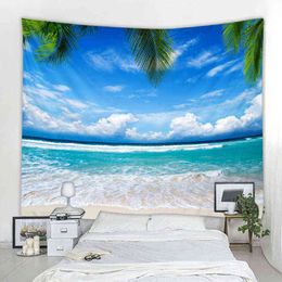 Tapestry Beach Landscape Wallpaper Beach Print Tapestry Home Decor Beautiful Beach Seaside Palm Tree Landscape Wall Hanging J220804