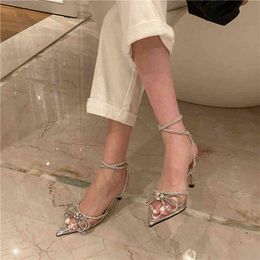 6cm New Fashion Sandals Clear Pointed Toe with Rhinestone High Heels Ankle Wrap Women Shoes 39 40 G220519
