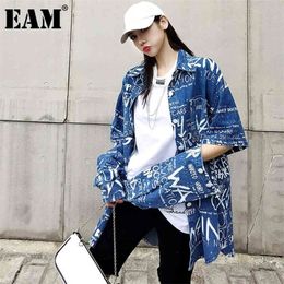Women Blue Denim Letter Print Big Size Blouse Lapel Long Sleeve Loose Fit Shirt Fashion Spring Summer 1DD7499 210512