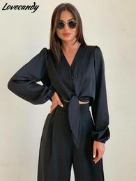 Summer Women Fashion Black Satin Pant Suits VNeck Long Sleeve Blouse Matching Wide Trousers Suit Casual Slim Two Piece Set 220817