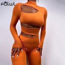 FQLWL Winter Hollow Out Summer Black Jumpsuits Sexy Outfits For Women Turtleneck Long Sleeve Bodycon Jumpsuit 220720