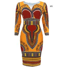 Casual Dresses African Ladies Elegant Wrist High Waist V Neck Vintage for Work Office Business Fashion Slim Vestidos Dress Midi 2022 958