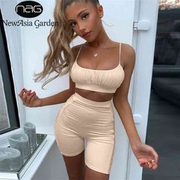 Asia Ruched Two Piece Set Double Layers Crop Tops Biker Shorts 2 Piece Set Women Elastic Matching Sets Activewear Outfits 202 210331