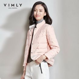 Vimly Winter 90% White Duck Down Short Jacket For Women Elegant Stand Collar Solid Long Sleeve Button Female Coat 5095 201103