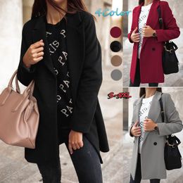 Women's Suits & Blazers Autumn Winter Solid Color Long-sleeved Coat Women Double-breasted Button Collar Woolen Jacket Fashion Wide Lapel War