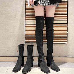 2022 Sexy Over the Knee high Boots Woman Flock Leather Thick high heels Women Boots Winter Black Party Shoes Y220817