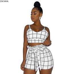 2020 New Women Sets Summer Tracksuits Plaid Print TopsShorts Suit Two Piece Set Club Party Sashes Street 2 Pcs Outfits GL736 T200622