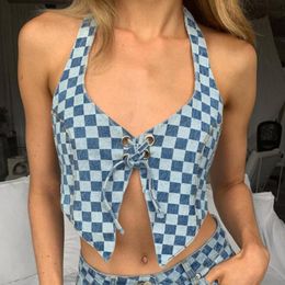 Women's Blouses & Shirts Plaid Print Detachable Lace-up Exposed Navel Crop Top Irregular Shape Halter Sling Denim Vest Female Clothing 2022W