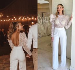Backless Beach Long Sleeve Wedding Jumpsuit Dresses 2022 Sparkly Lace Beaded Outdoor Bohemian Bridal Gown Pant Suit
