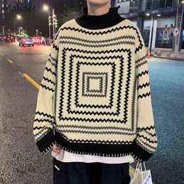 Men's Mock Neck Sweaters Design Harajuku High Street Long Sleeve Loose Sweater S-3XL Bf Knitted Streetwear Vintage Striped Jumper L220730