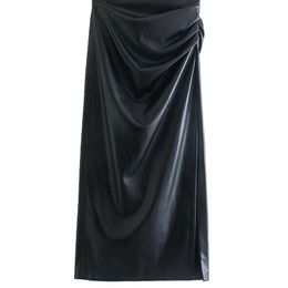 TRAF Women Fashion Faux Leather Pleated Side Slit Midi Pencil Skirt Vintage High Waist Back Zipper Female Skirts Mujer 220317