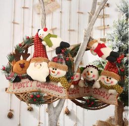 29cm Christmas Wreath Cane Ring Simulation Cotton Door Hanger Xmas Decoration Elderly Snowman Elk Vine Ring Pendant F0627X09