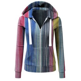 Zipper Rainbow Stripe Drawstring Hooded SweatTops Jacket Women's Hoodies Sports Cardigan Stripe Zipper Hooded Sweatshirts Coat L220705