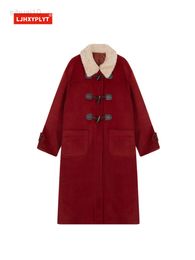 Christmas Red Lamb Wool Collar Claxon Coat Women Autumn Winter New Year Temperament Mid-Length Wool Coat female L220725