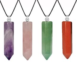 Natural Stone Pillar Pendant Necklace pink Crystal Hexagonal opal Amthyst Charms pu chain necklaces For women Jewellery